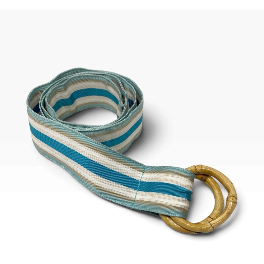 J.Crew Womens Striped Beachy Fabric Belt Blue Beige White Wood Buckle S / M